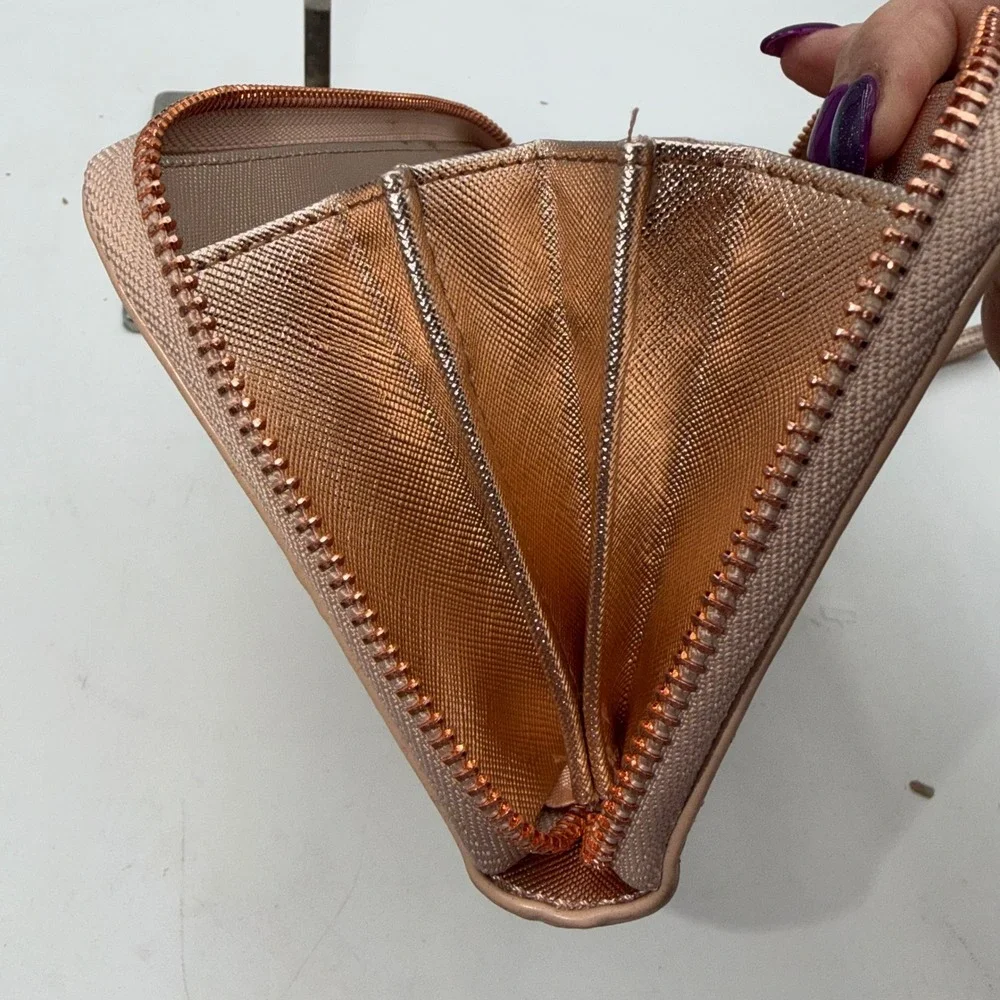 Nanette Lepore Rose Gold Metallic Crossgrain Zip Around Wristlet Wallet